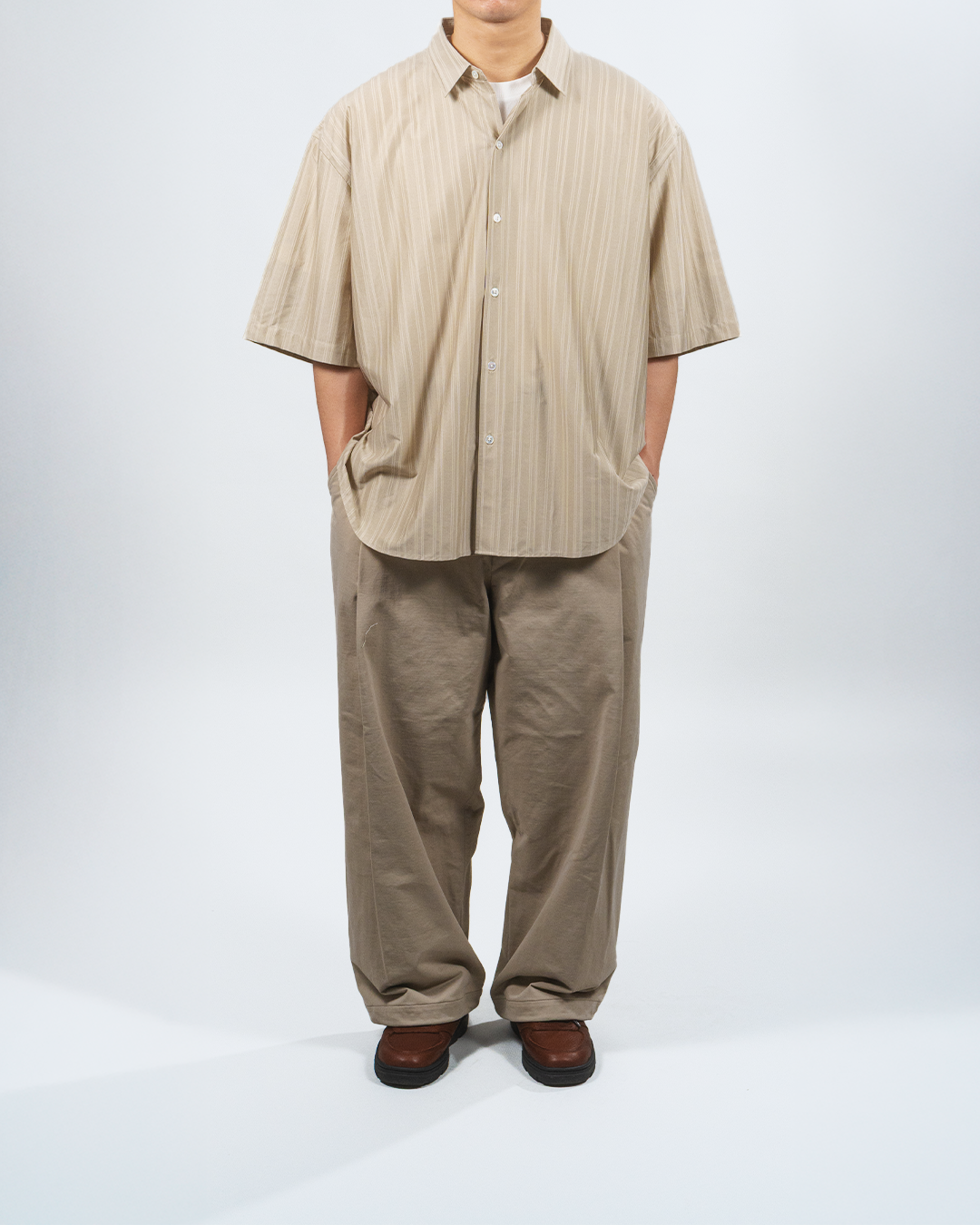 【20% OFF / Last 1】 KANEMASA PHIL. 2025SS|46G Atmosphere Stripe S/S Shirt (KHAKI)