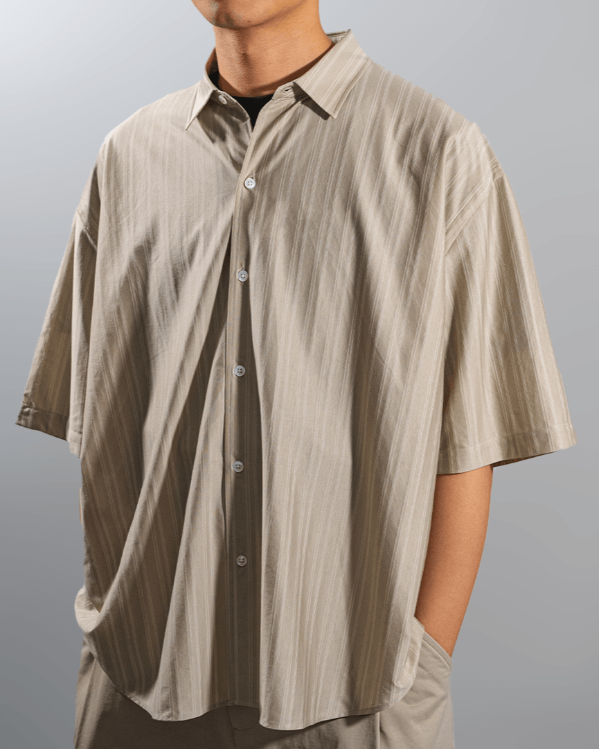 KANEMASA PHIL. 2025SS|46G Atmosphere Stripe S/S Shirt (KHAKI) - IKKOKU SHOP