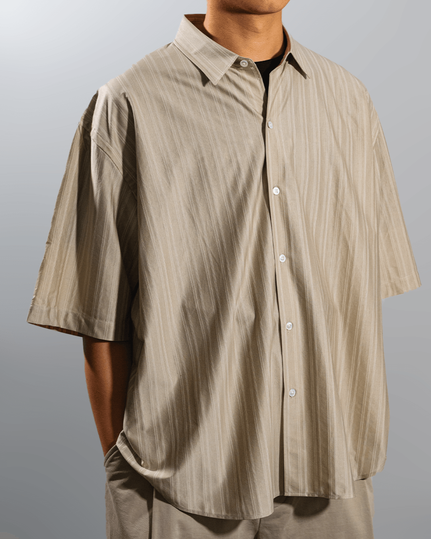 KANEMASA PHIL. 2025SS|46G Atmosphere Stripe S/S Shirt (KHAKI) - IKKOKU SHOP