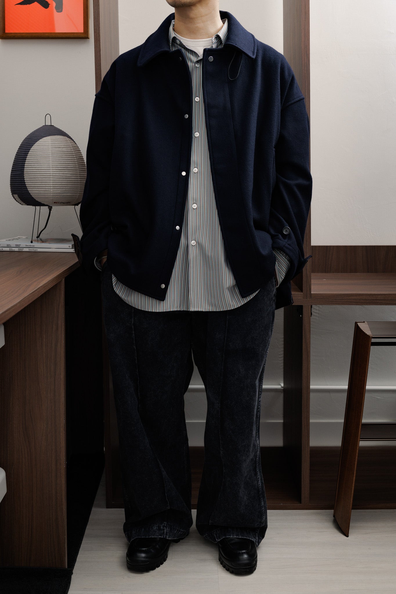 【Last 1】UNTRACE｜LAMBS WOOL MELTON TRENCH JACKET (DARK NAVY)